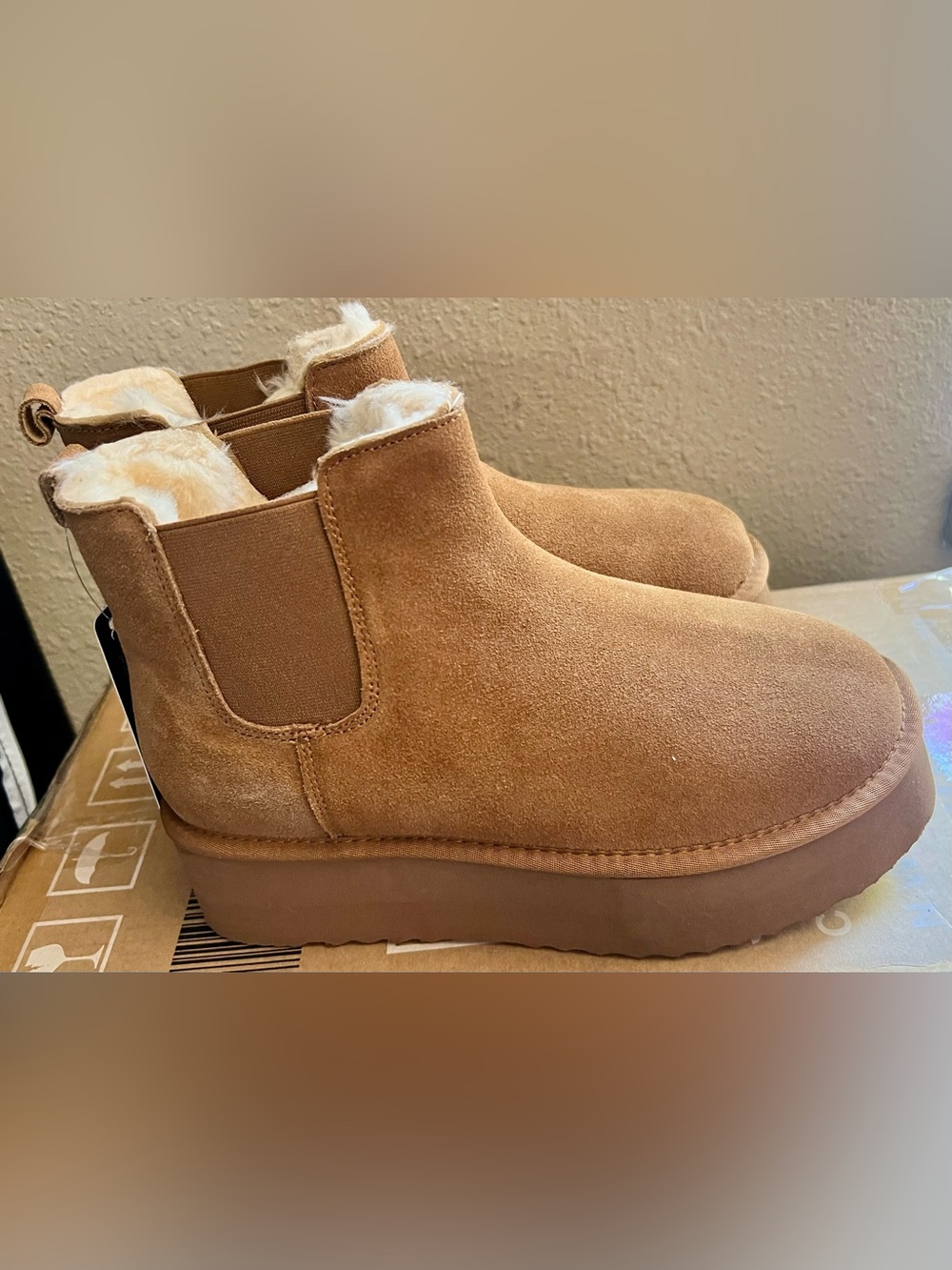 Faux Suede Shearling Lined Ankle Boots - Tan